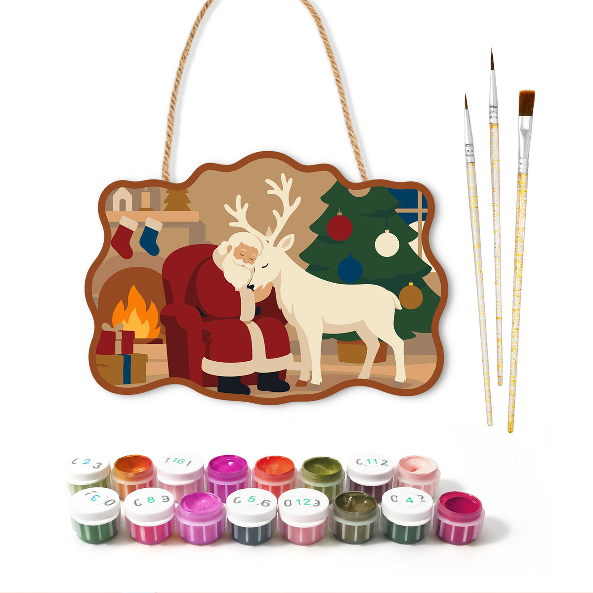 Santa and reindeer cosy night paint by numbers door hanger with paints and brushes