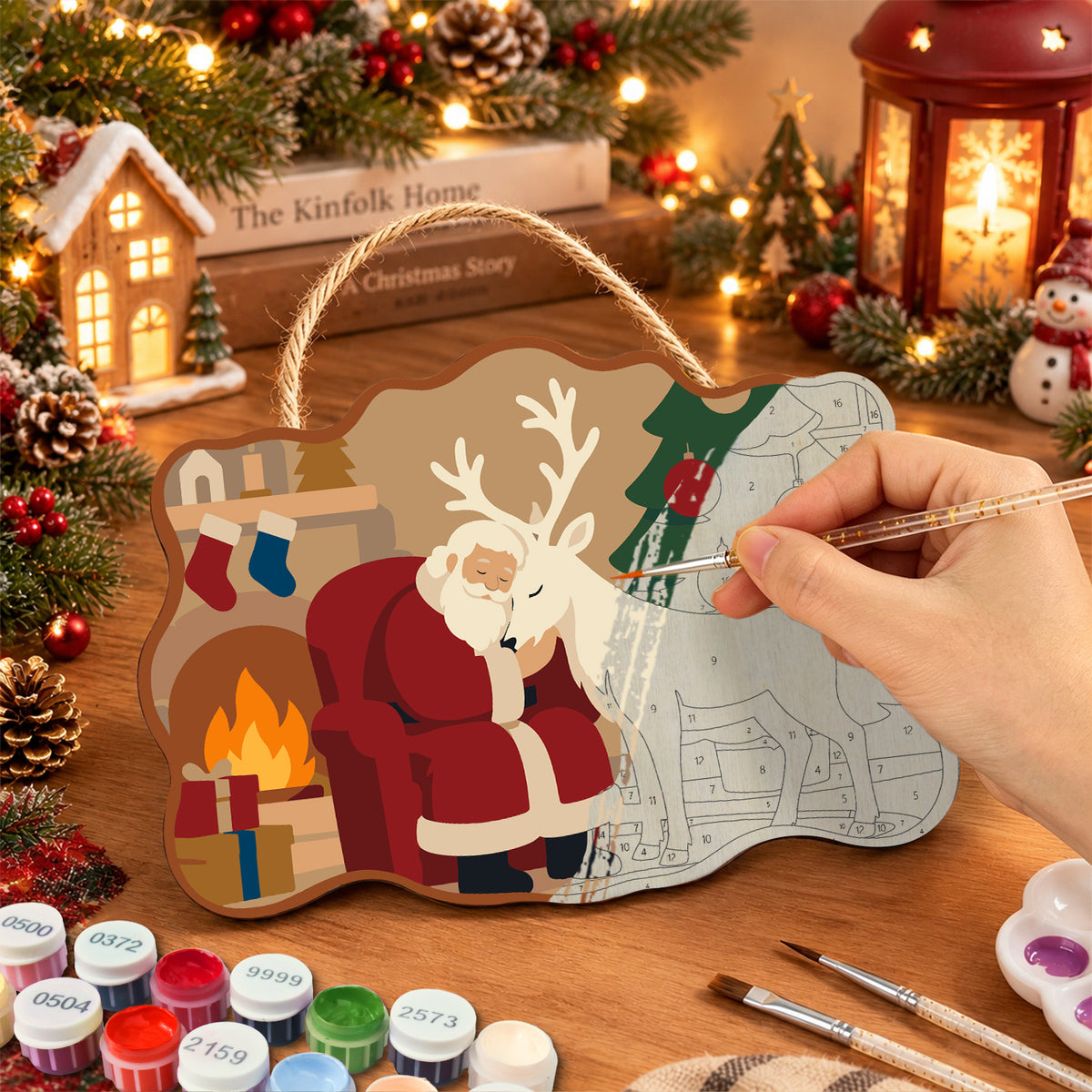Santa and reindeer cosy night paint by numbers door hanger painting process