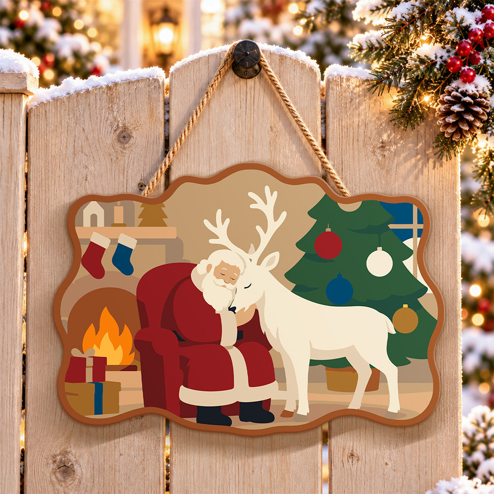 Santa and reindeer cosy night paint by numbers door hanger on a garden gate