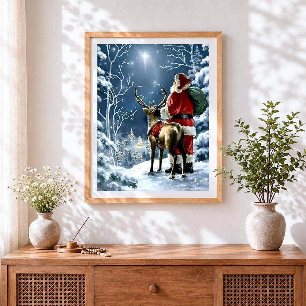 Finished santa and reindeer in the starry night cross stitch artwork displayed