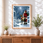 Finished santa and reindeer in the starry night cross stitch artwork displayed