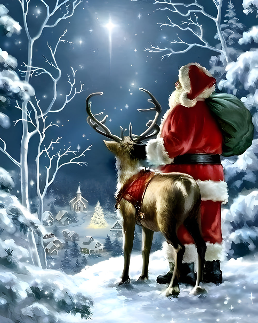 Santa and reindeer in the starry night cross stitch kit for beginners