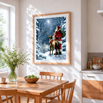 Santa and reindeer in the starry night cross stitch artwork displayed on wall as home decor