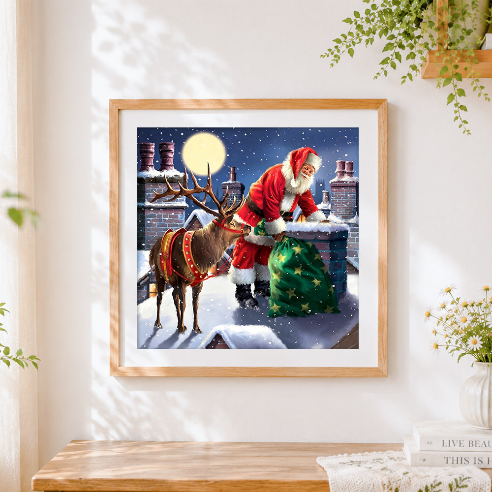 Finished santa and reindeer on the rooftop cross stitch artwork displayed