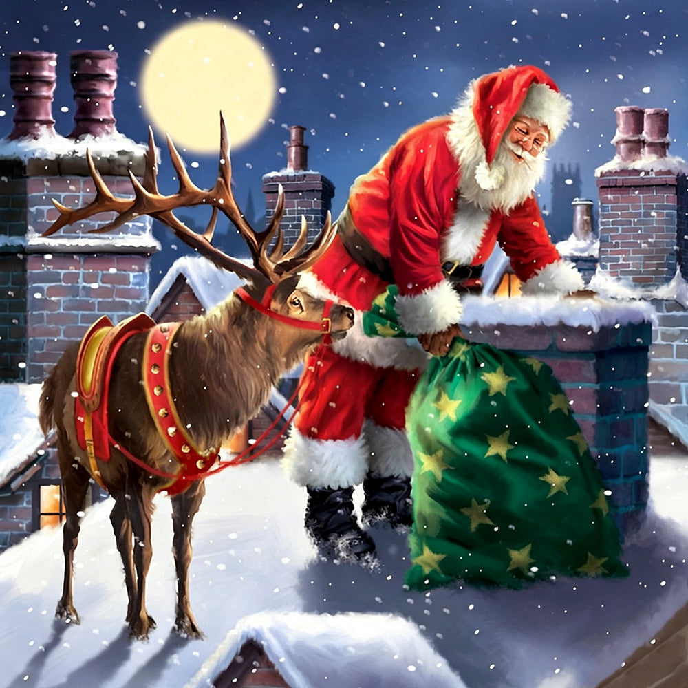 Santa and reindeer on the rooftop cross stitch kit for beginners