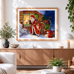 Finished santa and reindeer outside a cosy cottage cross stitch artwork displayed
