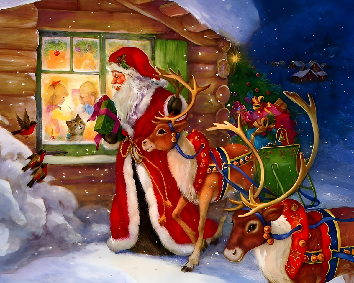 Santa and reindeer outside a cosy cottage cross stitch kit for beginners