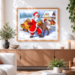 Finished santa and reindeer with sleigh cross stitch artwork displayed