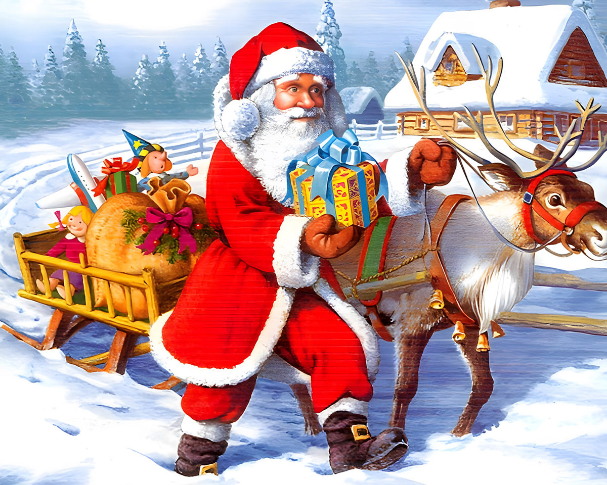 Santa and reindeer with sleigh cross stitch kit for beginners