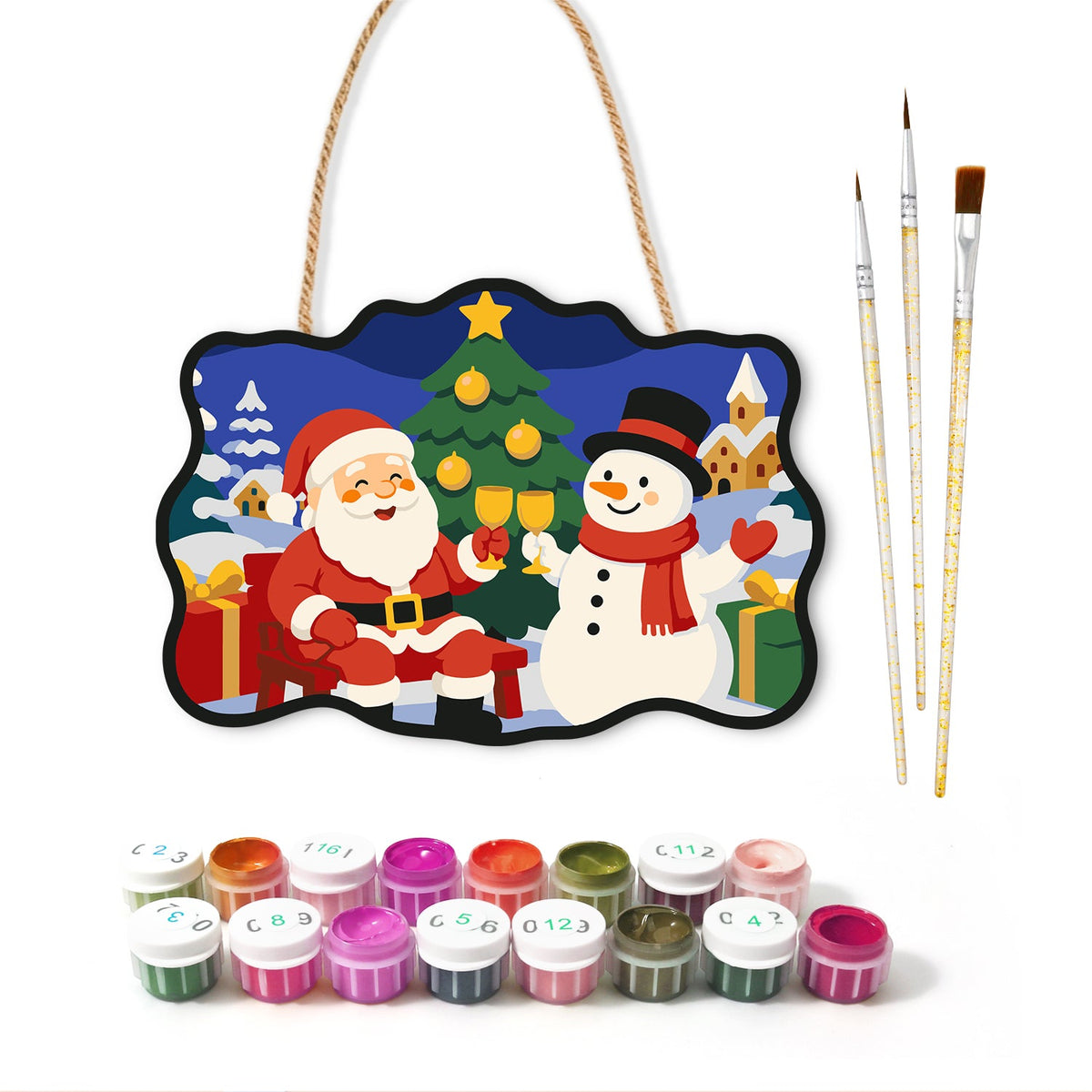 Santa and snowman toast paint by numbers door hanger with paints and brushes