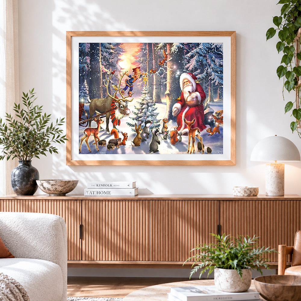 Finished santa and woodland animals in winter forest cross stitch artwork displayed