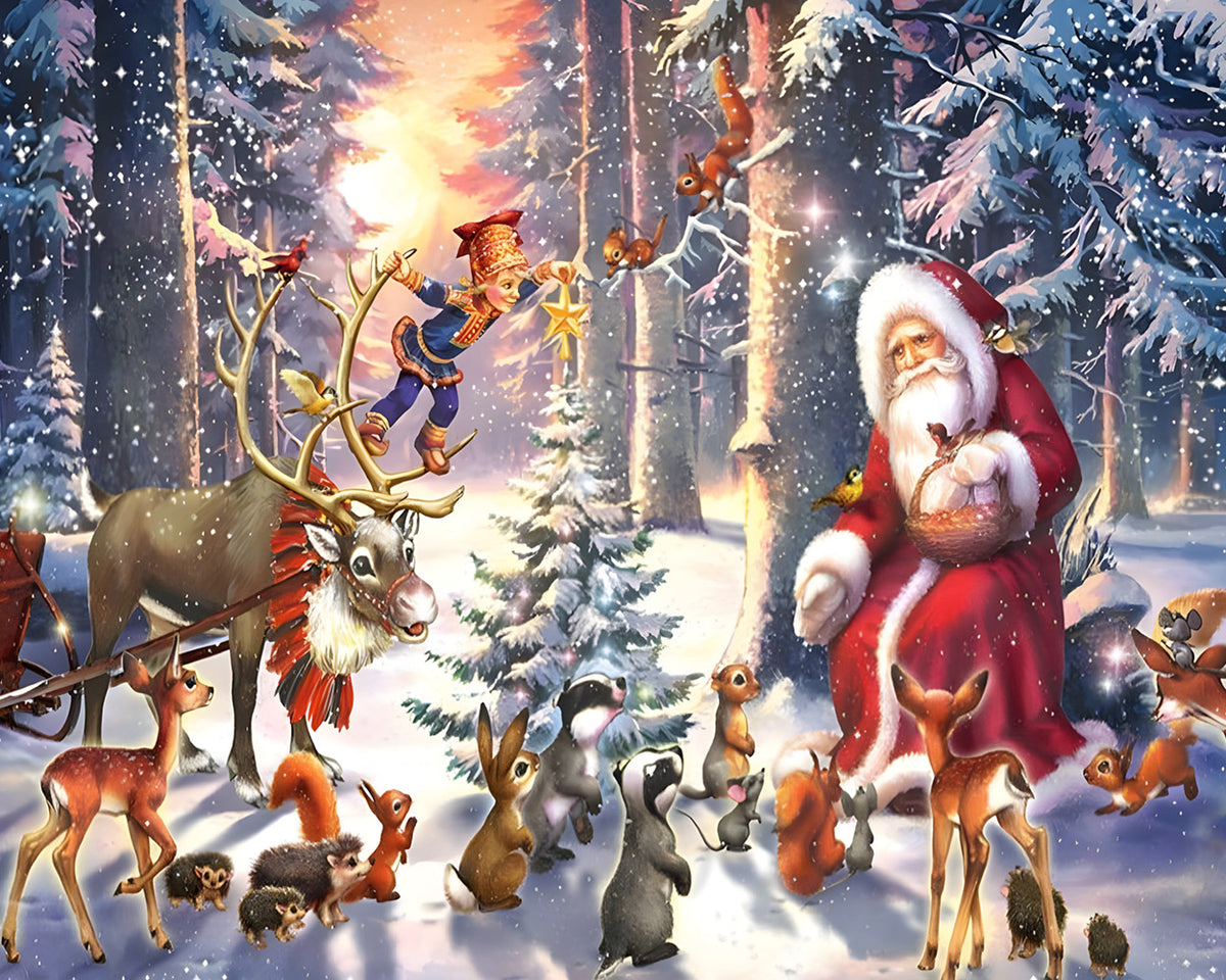 Santa and woodland animals in winter forest cross stitch kit for beginners