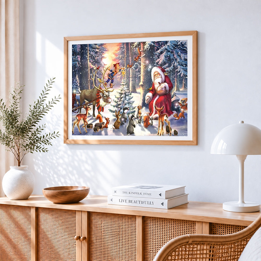Santa and woodland animals in winter forest cross stitch artwork displayed on wall as home decor