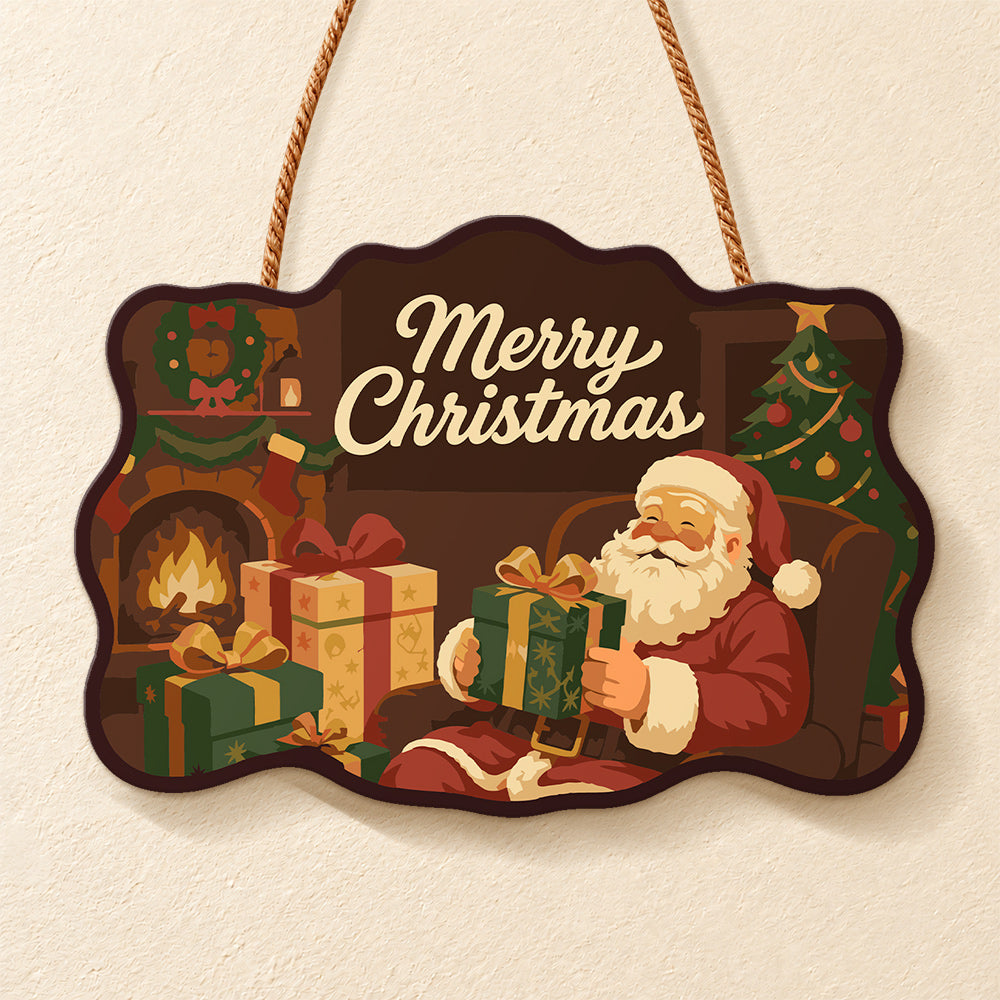 Santa by fireplace paint by numbers door hanger finished design