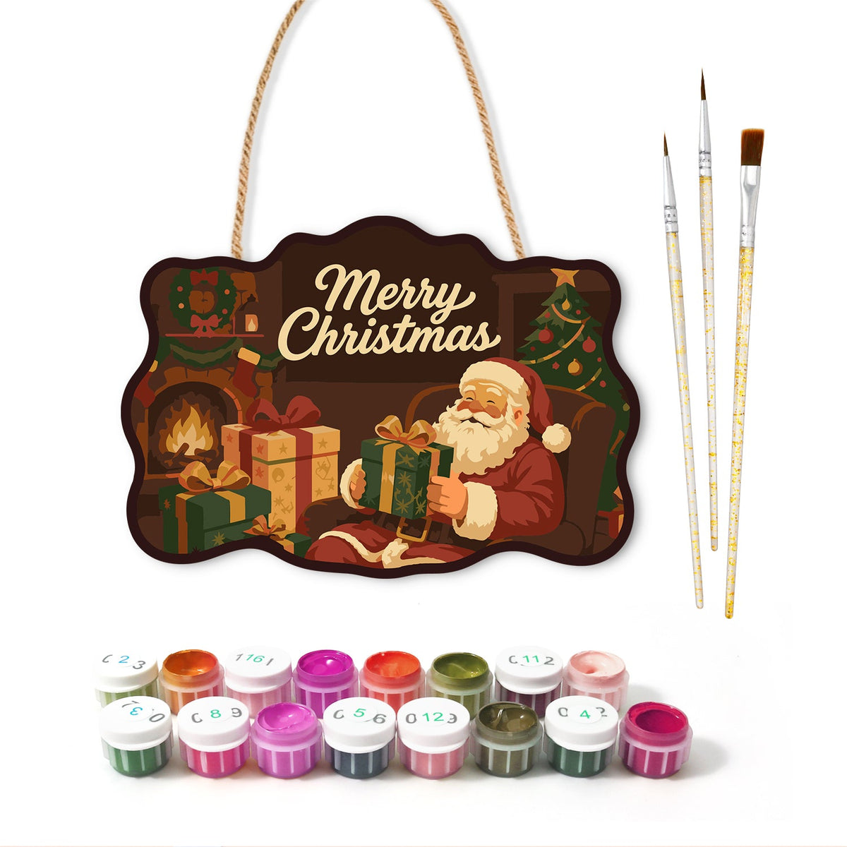 Santa by fireplace paint by numbers door hanger with paints and brushes