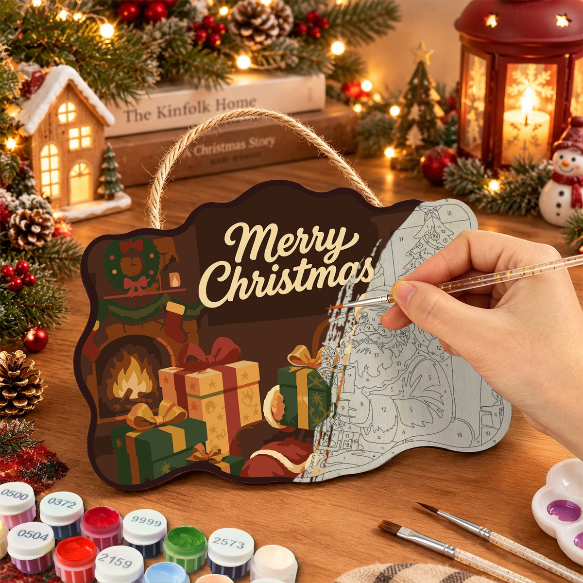 Santa by fireplace paint by numbers door hanger painting process