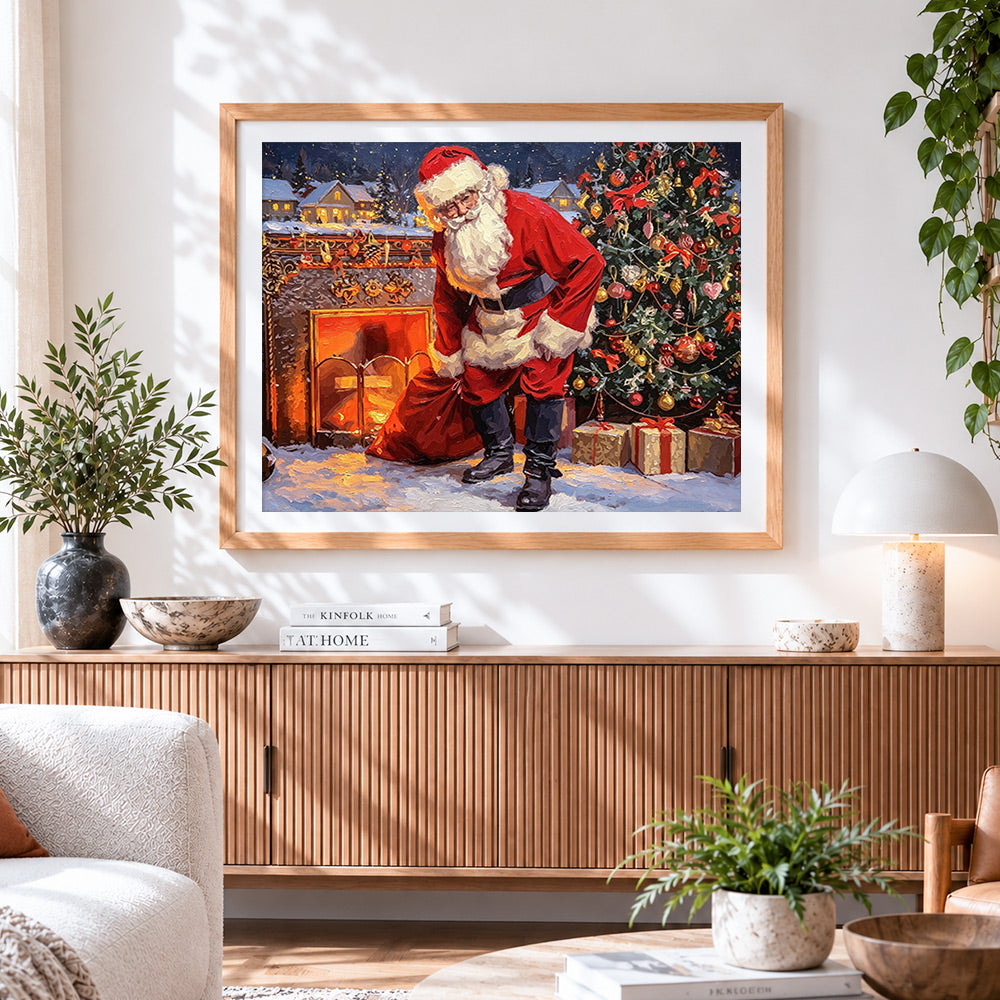 Finished santa by the fireplace with toy sack cross stitch artwork displayed