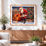 Finished santa by the fireplace with toy sack cross stitch artwork displayed