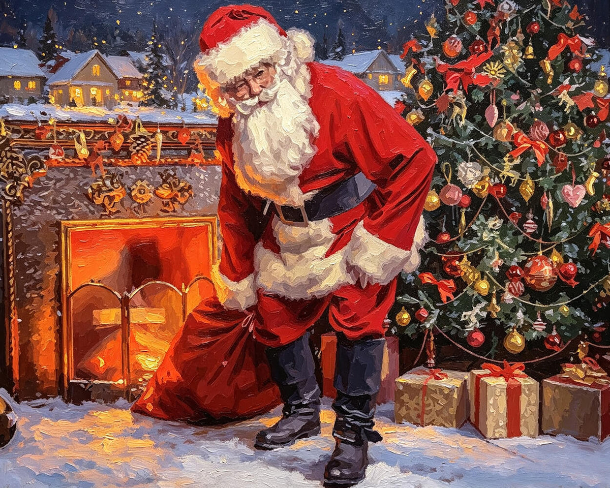 Santa by the fireplace with toy sack cross stitch kit for beginners