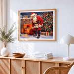 Santa by the fireplace with toy sack cross stitch artwork displayed on wall as home decor