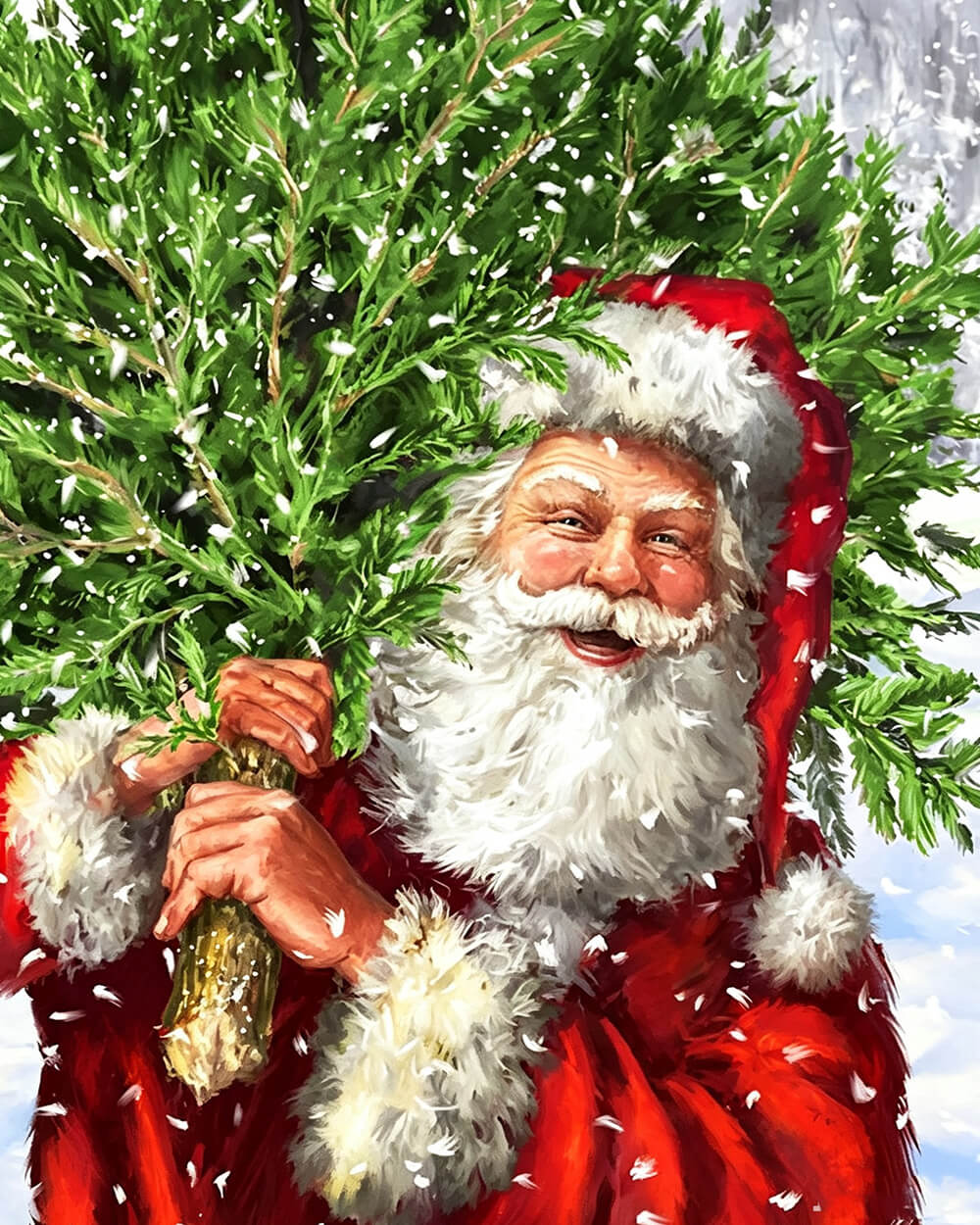 Santa carrying a christmas tree cross stitch kit for beginners