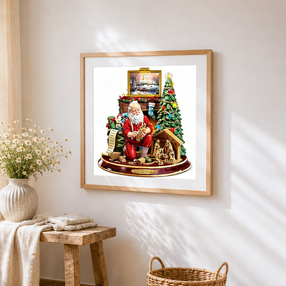 Santa carving toys by the fireplace cross stitch artwork displayed on wall as home decor