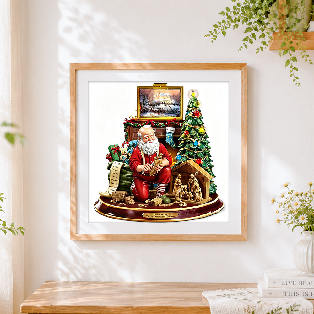 Finished santa carving toys by the fireplace paint by numbers artwork displayed as home decor