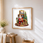 Santa carving toys by the fireplace paint by numbers artwork displayed on wall as home decor