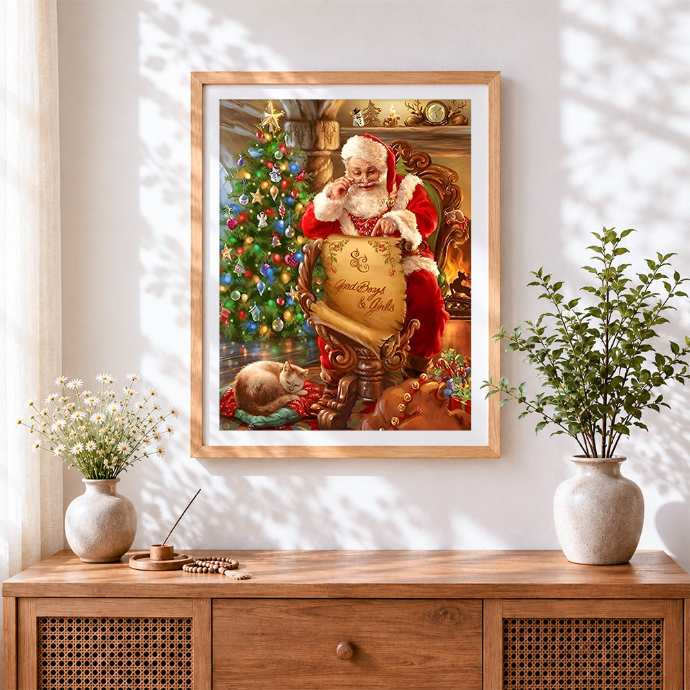 Finished santa checking good list cross stitch artwork displayed