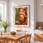 Santa checking good list cross stitch artwork displayed on wall as home decor