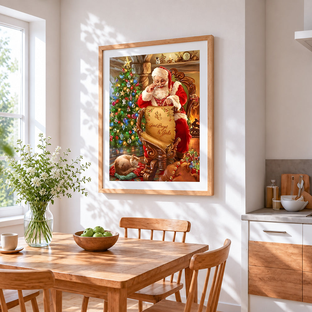 Santa checking good list cross stitch artwork displayed on wall as home decor