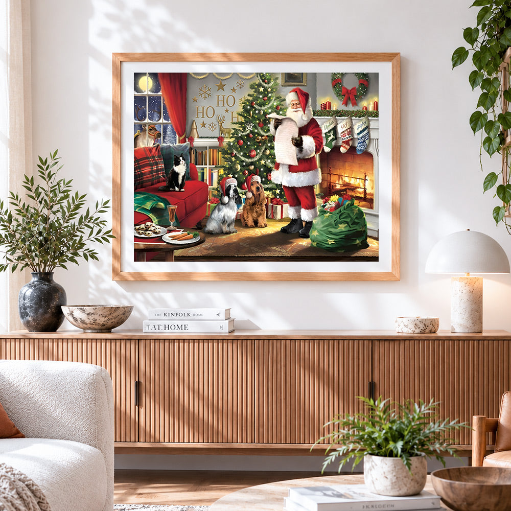 Finished santa checking list with "naughty or nice" dogs cross stitch artwork displayed