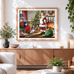 Finished santa checking list with "naughty or nice" dogs cross stitch artwork displayed