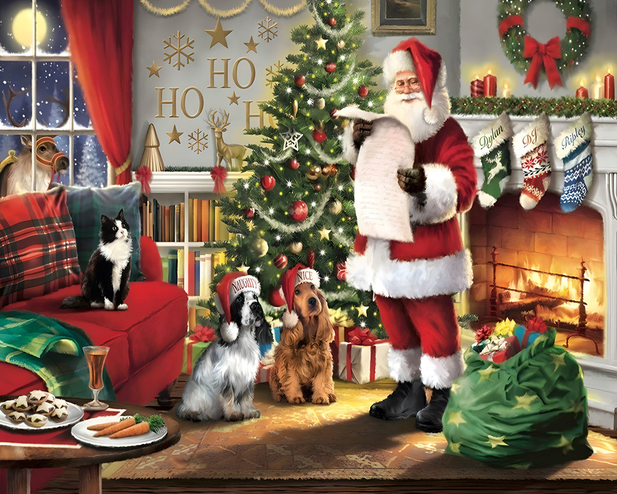 Santa checking list with "naughty or nice" dogs cross stitch kit for beginners