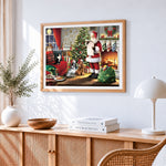 Santa checking list with "naughty or nice" dogs cross stitch artwork displayed on wall as home decor