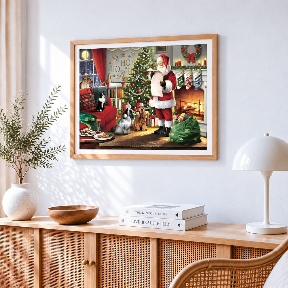 Santa checking list with "naughty or nice" dogs cross stitch artwork displayed on wall as home decor
