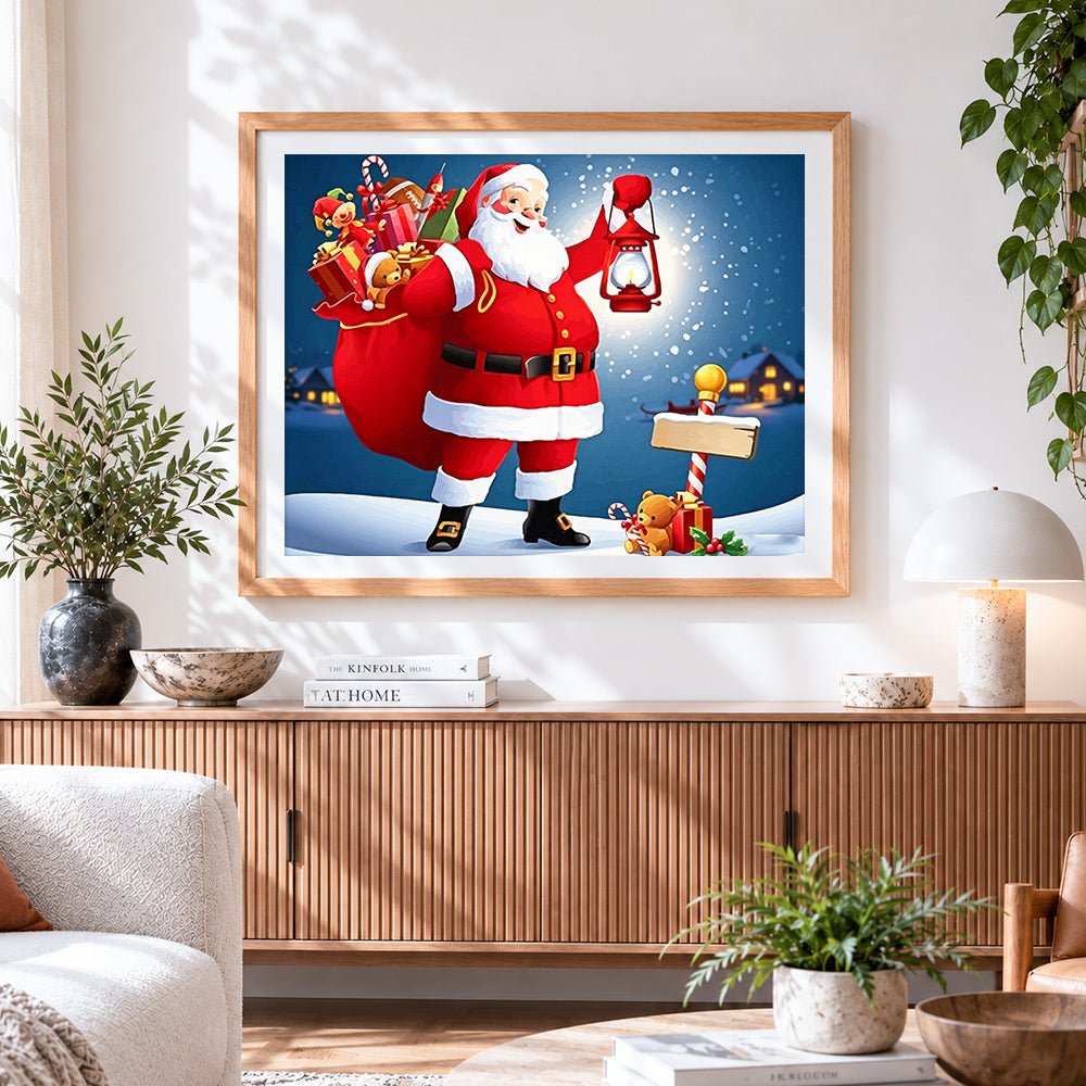 Finished santa claus and a sack of gifts cross stitch artwork displayed
