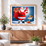 Finished santa claus and a sack of gifts cross stitch artwork displayed