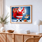 Santa claus and a sack of gifts cross stitch artwork displayed on wall as home decor