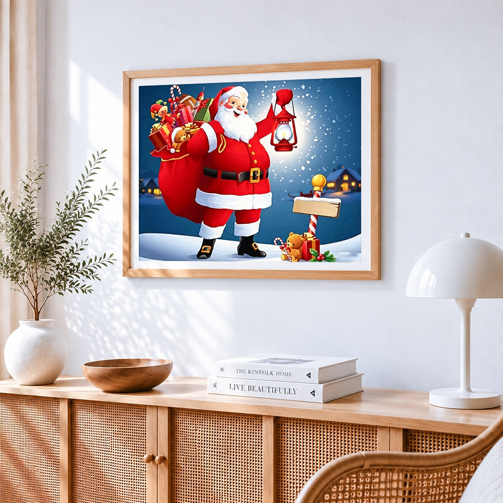 Santa claus and a sack of gifts cross stitch artwork displayed on wall as home decor