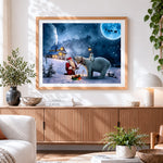 Finished santa claus and polar bears in the snow cross stitch artwork displayed