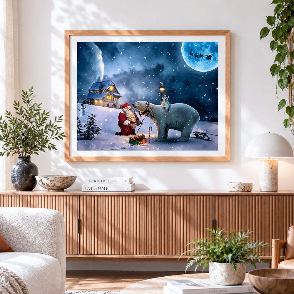 Finished santa claus and polar bears in the snow cross stitch artwork displayed