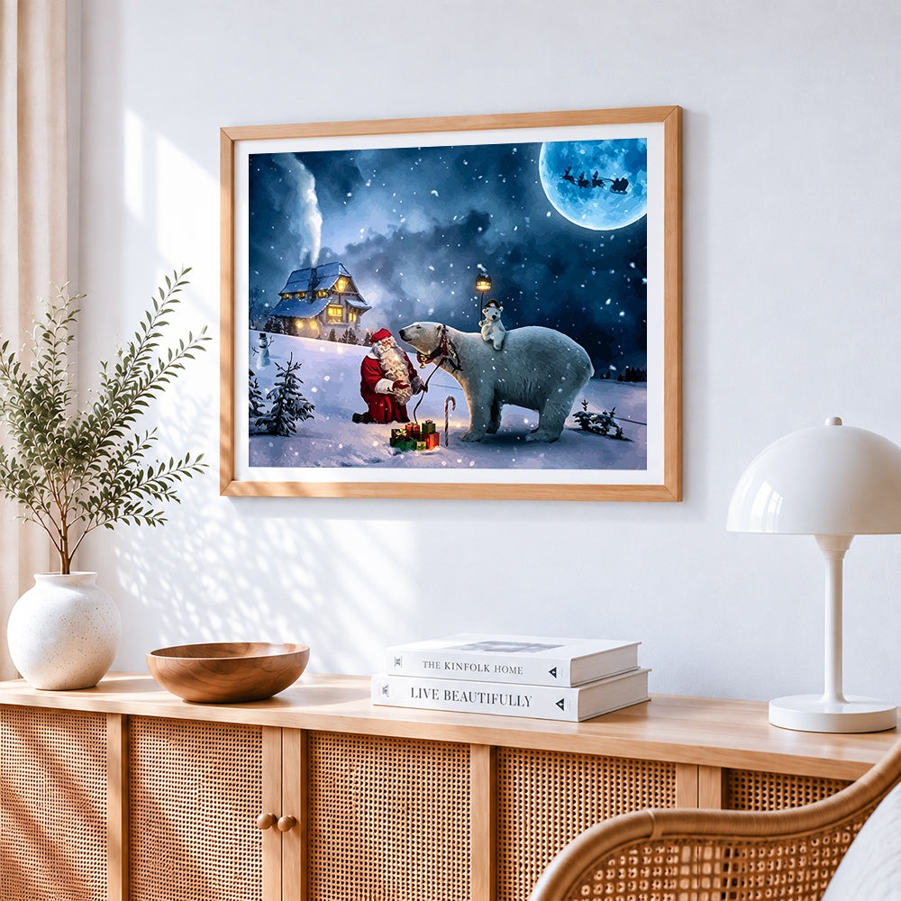 Santa claus and polar bears in the snow cross stitch artwork displayed on wall as home decor