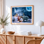 Santa claus and polar bears in the snow cross stitch artwork displayed on wall as home decor