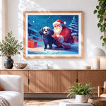 Finished santa claus and puppy cross stitch artwork displayed