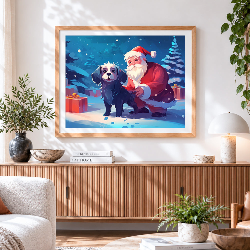 Finished santa claus and puppy cross stitch artwork displayed