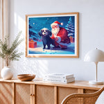 Santa claus and puppy cross stitch artwork displayed on wall as home decor