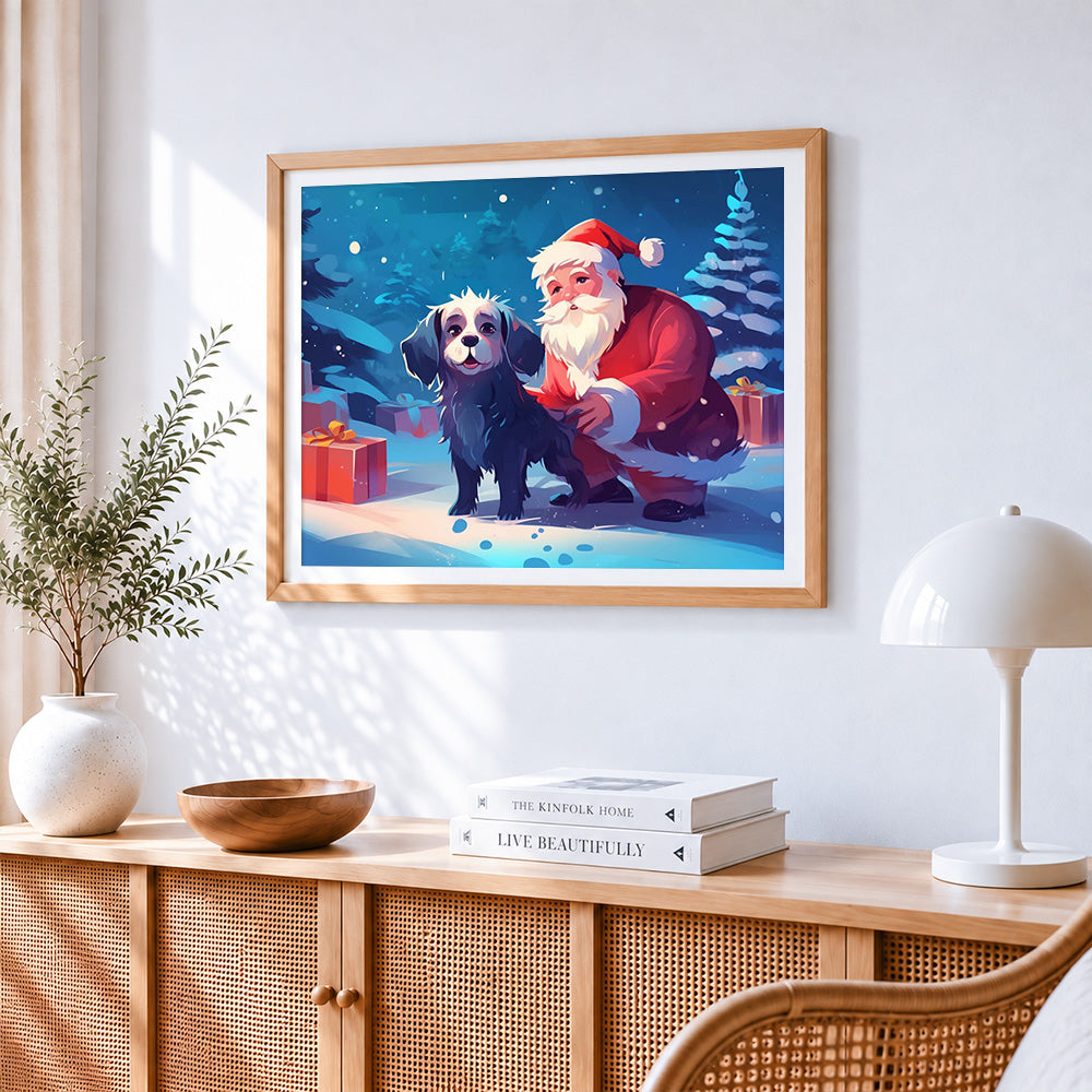 Santa claus and puppy paint by numbers artwork displayed on wall as home decor