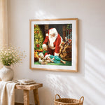 Santa claus and sleeping child cross stitch artwork displayed on wall as home decor