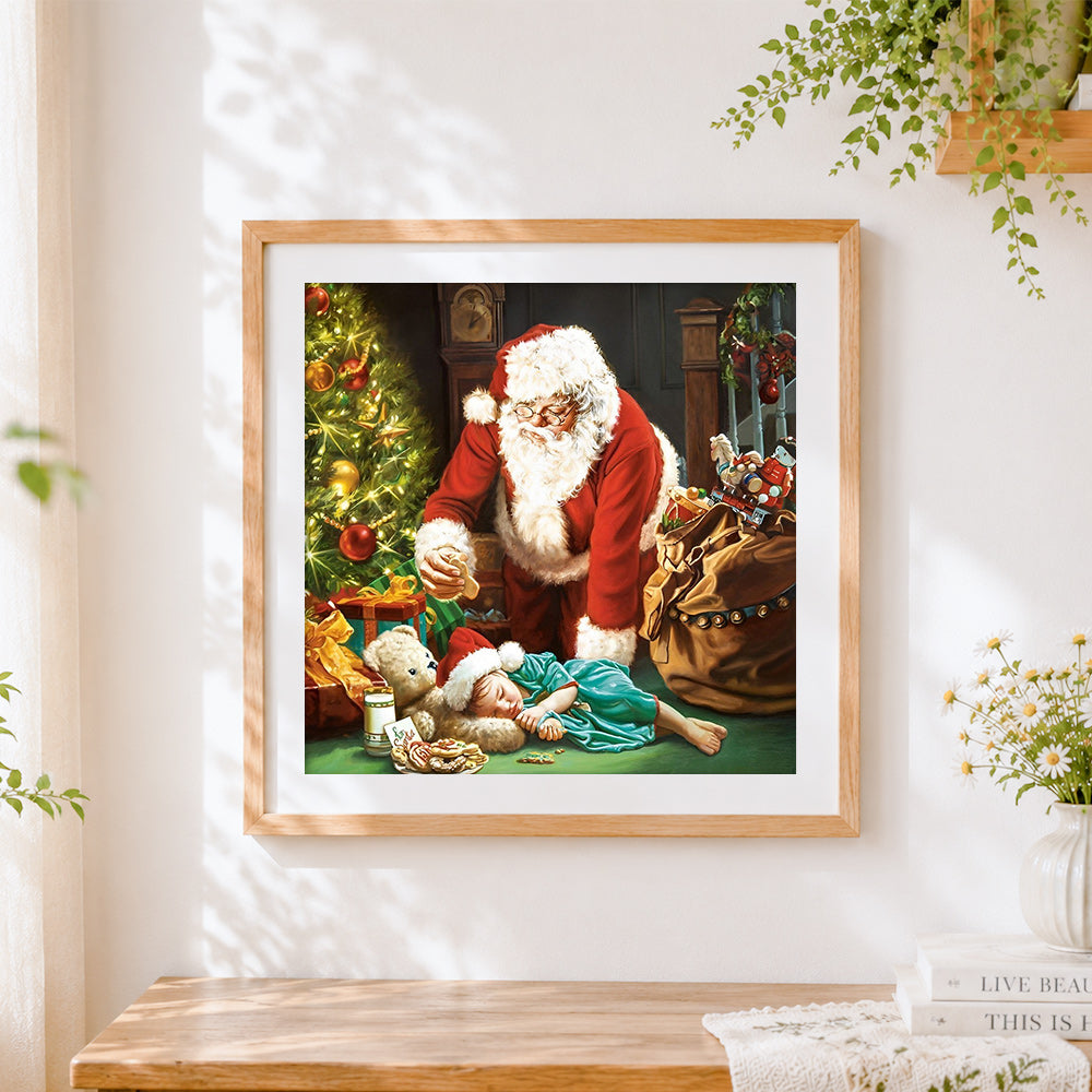 Finished santa claus and sleeping child paint by numbers artwork displayed as home decor